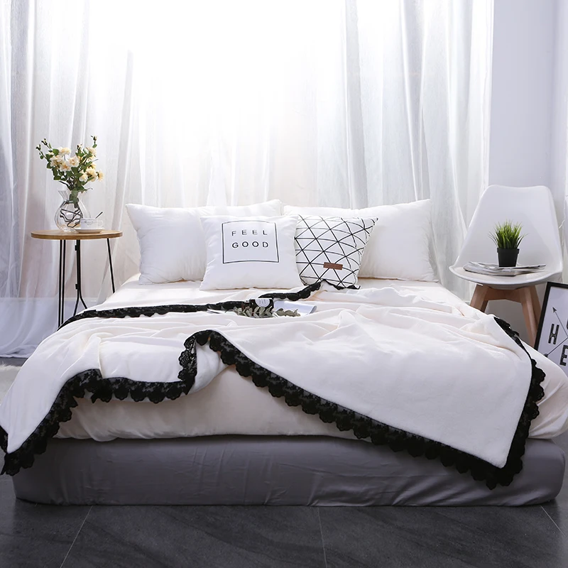 

Pure White + Black Lace Soft Warm Fleece Blankets Double Layer Thick Plush Throw On Sofa Bed Plane Bedspreads Home Textile 1Pcs