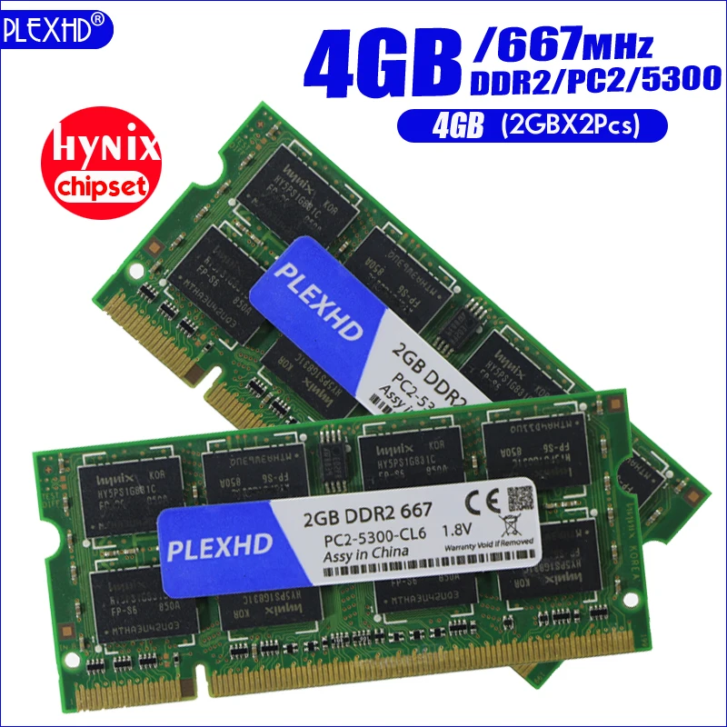 Prix PLEXHD 4g 4 gb (2 gb X 2 pcs) DDR2 pc2 5300 667 mhz 2RX8 Ordinateur Portable Mémoire 4g pc2 5300S ddr2 667 mhz 200pin RAM Portable (hynix chipset)