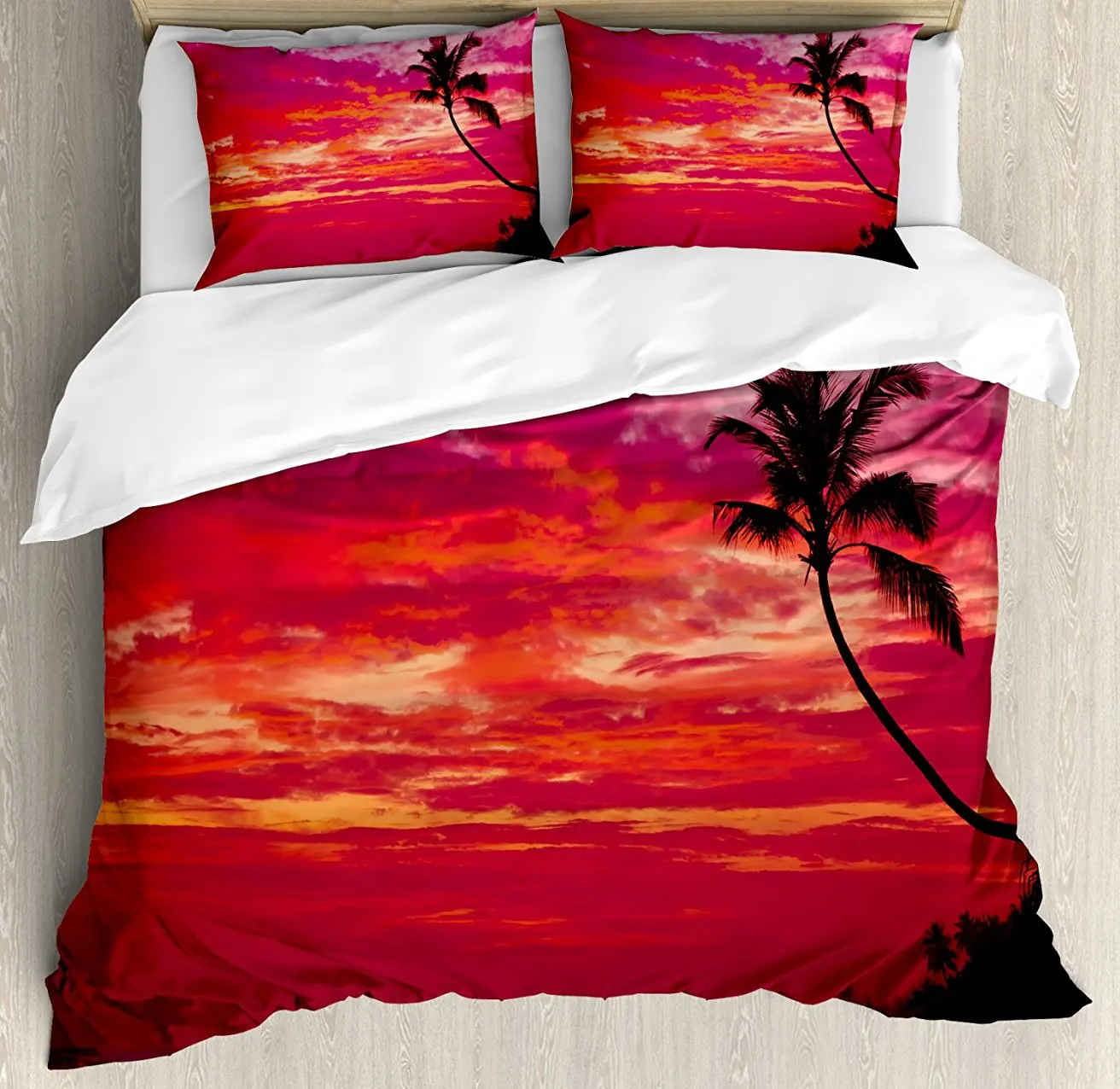 

Duvet Cover Set, Sunset View from a Tropical Island Beach with Silhouette of Palm Tree on the Shore Print, 4 Piece Bedding Set