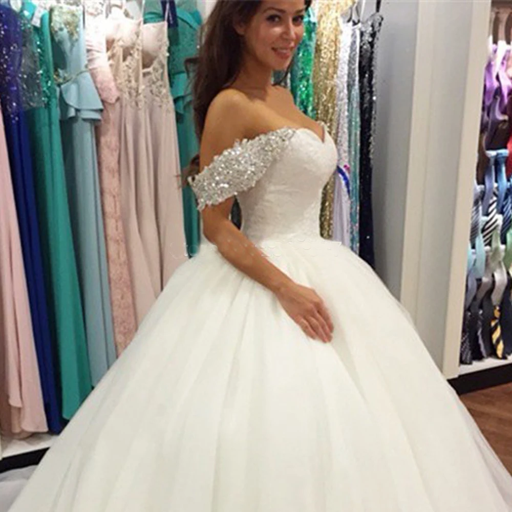 

White Wedding Dress 2019 Lace Appliques Off the Shoulder Beading Short Sleeves Wedding Gowns Floor Length Vestidos De Novia