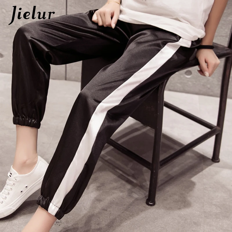 

Jielur Side Stripe Silk Harem Pants Hipster BF Casual Harajuku Young Trousers Women Simple Slim Streetwear Pantalones Mujer 2019