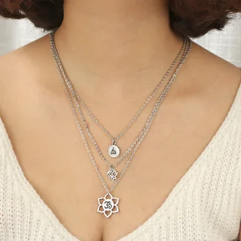 

Bohemia Vintage Hollow Lotus Flower Pendant Necklace Multilayers Creative Yoga Silver Chain Long Necklaces Women Jewelry YN110