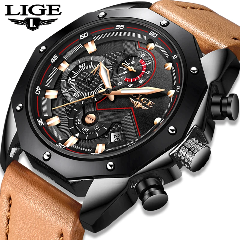 

LIGE Sport Chronograph Fashion Watches Men Leather Band Waterproof Luxury Brand Quartz Wristwatch Relogio Masculino 2018