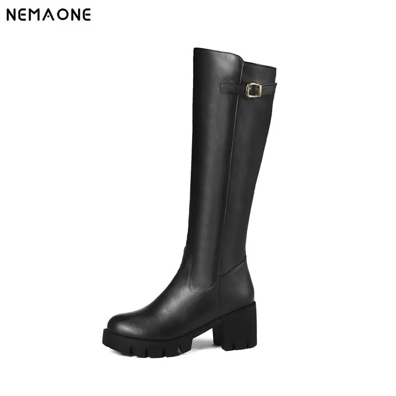 

NemaoNe Large size 34-43 women knee high boots buckle thick high heels women's motorcycle boots thick fur warm winter snow boots
