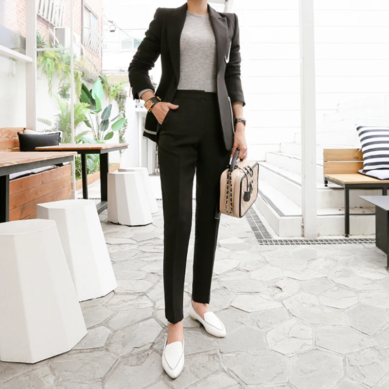 

2018 Fashion One Button Solid Women Pant Suit Notched Collar Hit Color Blazer Jacket and Pencil Pant office lady two Pieces set