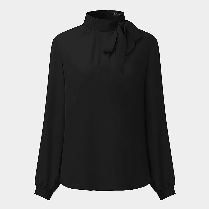 Cellumia, весна-осень, женская шифоновая блузка с бантом на шее, с длинным рукавом-фонариком, свободные рубашки, Blusas Femininas, повседневные топы размера плюс - Цвет: Black