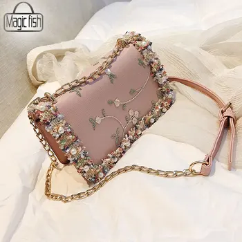 

Youth Square Bag Single Shoulder Slung Floral Embroidery Pearl Magnetic Buckle 4921/l