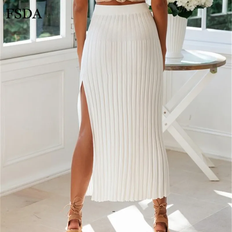 FSDA Side Slit Bodycon Skirt Sexy Cotton Casual Side Sexy Long White Office Women Spring Split Elegant Summer Midi Skirts