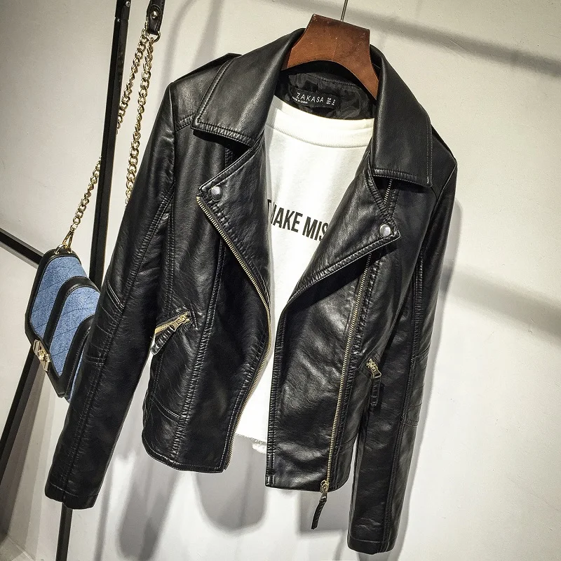 Ideal  Fashion Women Pu Leather Jacket Coat 2019 Autumn Black Slim Short Motorcycle Jackets Ladies Zipper 
