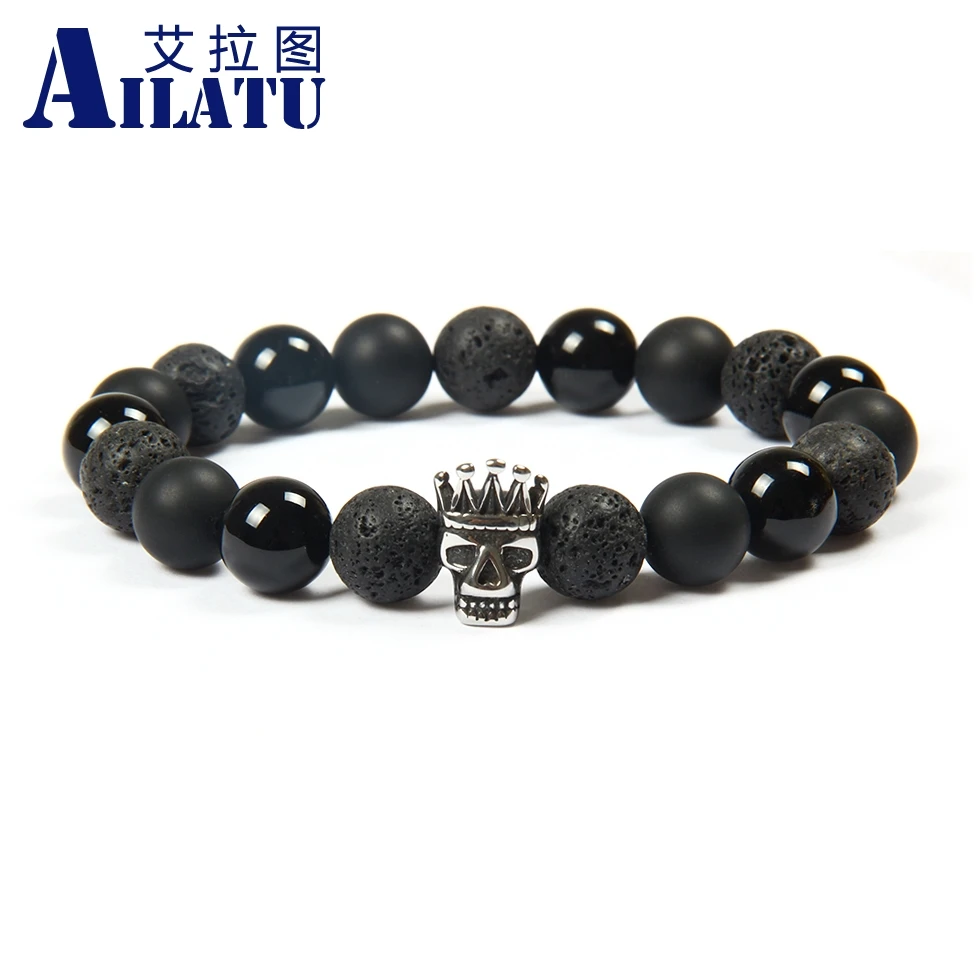 

Ailatu Wholesale 10pcs/lot 10mm Natural Matte Onyx Lava Stone Beads with Titanium steel Crown Skull Beaded Bracelet Not Fade