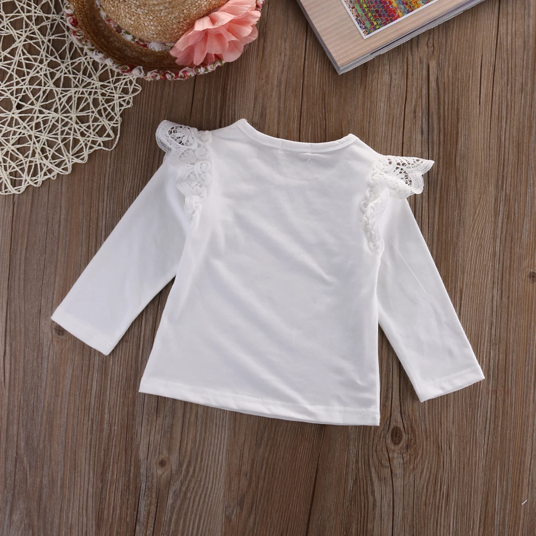 Коллекция года, модные хлопковые рубашки с кружевами для новорожденных девочек, блузка одежда для малышей Топы, однотонные рубашки с длинными рукавами для малышей