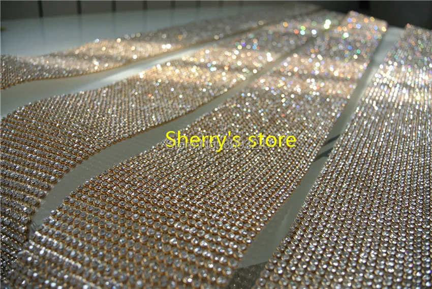 1 шт. 24rows алмаз золотой лентой отделкой 48 дюймов длиной 3 мм прозрачный кристалл с золотой настройка Кристалл Bling TRIM