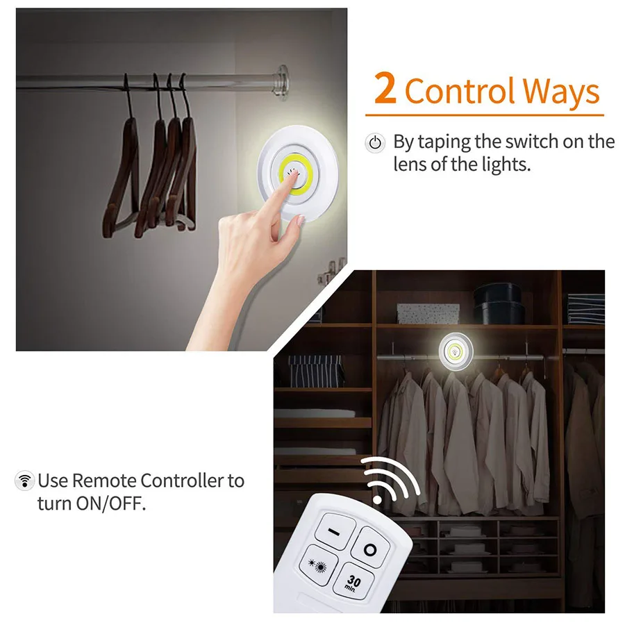 La rondelle de LED d'épi de lumière de coffret de LED Dimmable à piles allume des lumières de placards avec à télécommande pour la salle de bains de garde-robe