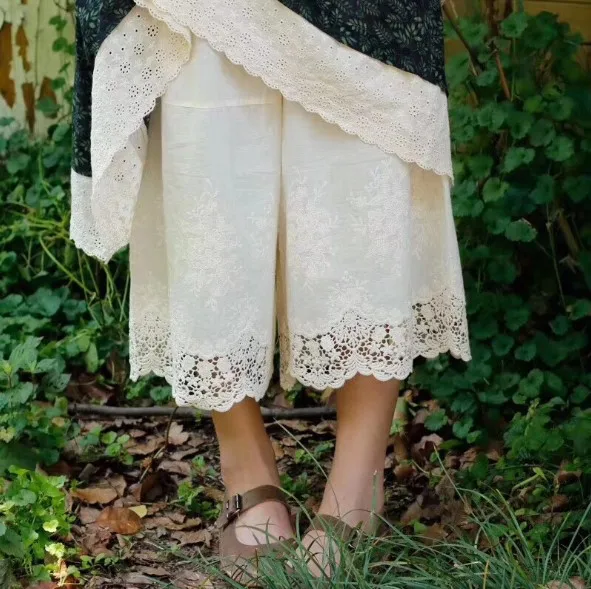 

2019 summer Vintage cotton embroidery flowers Wide leg pants Female lolita sweet