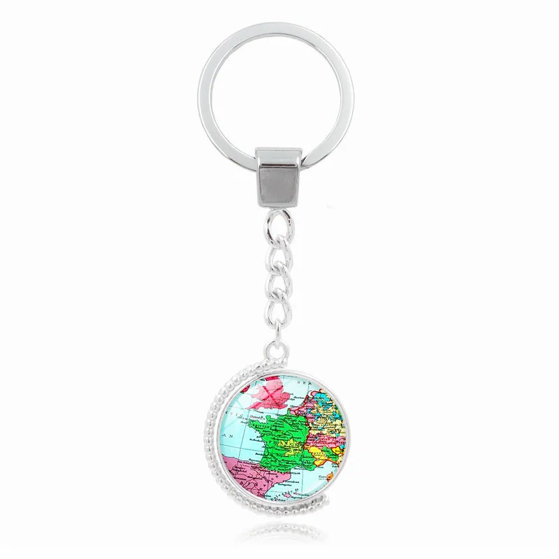 XUSHUI Europe Map keychain Glass Dome Pendant Keychain Antique Silver