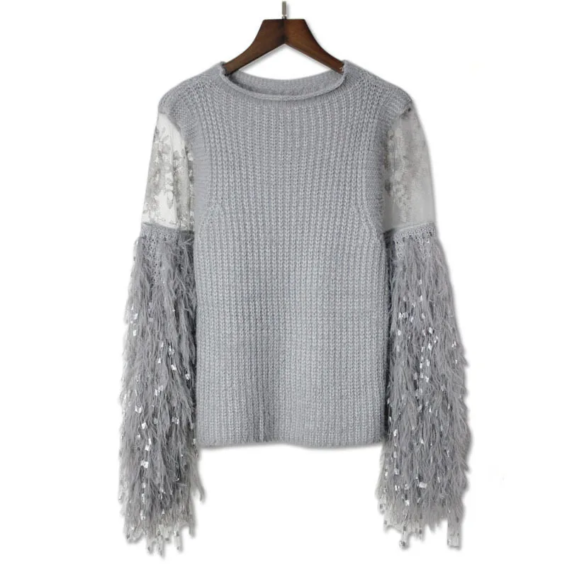 [EWQ] Новинка Осень Весна Длинный рукав круглый воротник свитер кружева сплайсинга Пуловеры с бахромой эластичный женский модный тренд OC366 - Цвет: gray