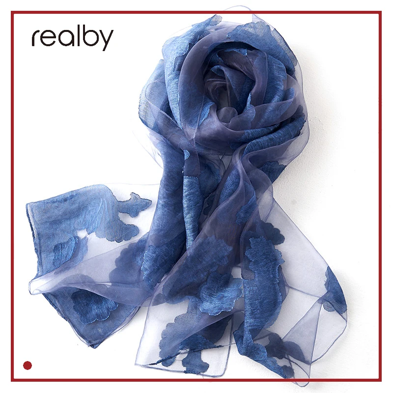 

REALBY190*70cm Women Silk ScarfLuxury Brand foulard femme Breathable Fashion Bandana Printing Anti-static Anti-UV Colorful W6019
