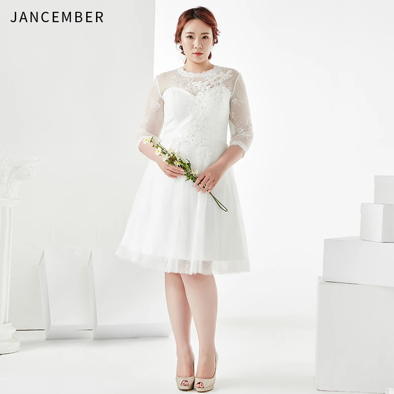 

JANCEMBER Plus Size Cocktail Dresses Three Quarter Illusion High O-Neck Knee-Length Zipper Back Applique Sequins vestidos coctel