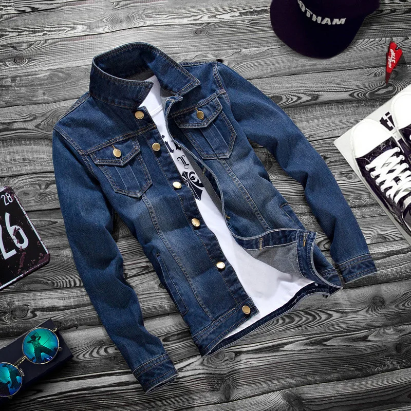 ELING джинсовые куртки для мужчин в Корейском стиле Модные молодых Slim Fit джинсовая