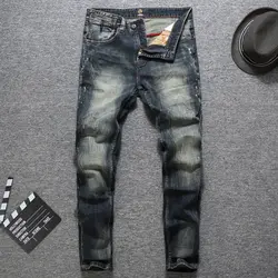 Новый сезон Мода темно-синий Рваные джинсы Для мужчин джинсовые штаны Высокое Класс Slim Fit Для мужчин бренд grassia Джинсы для женщин masculino 29- 38