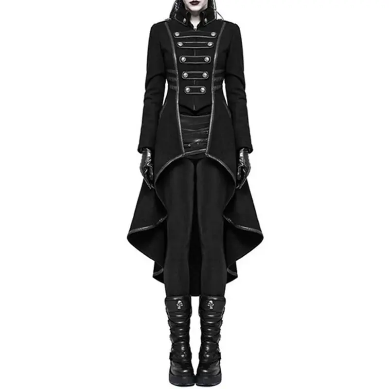 

2019 Winter Casual Gothic Plus Size Party Warm Women Long Trench Coats Black Slim Plain Pleated Autumn Female Goth Overcoats