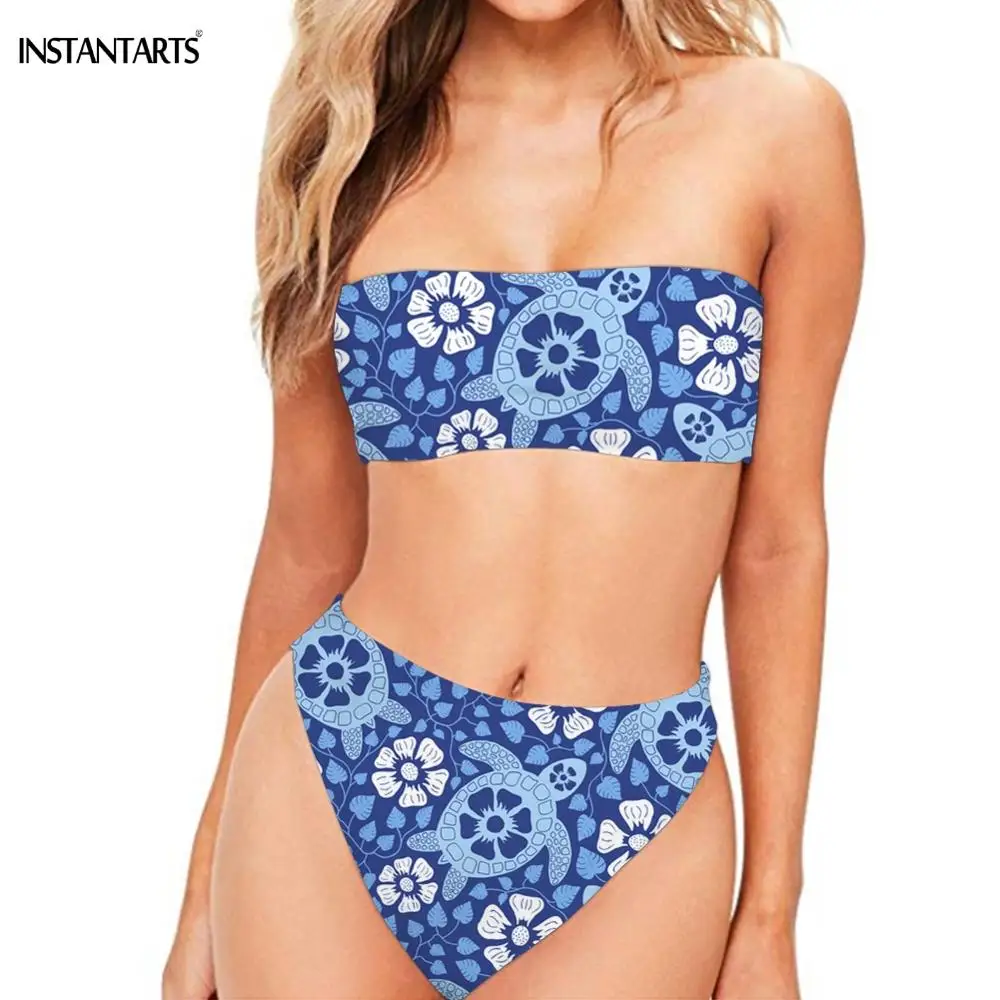 Instantarts Bandeau Strapless Woman Sexy Bikini Set Funny Sea Turtles And Hibiscus Hawaii Printing Swimsuits Bathing Beachwear Bikini Set Aliexpress