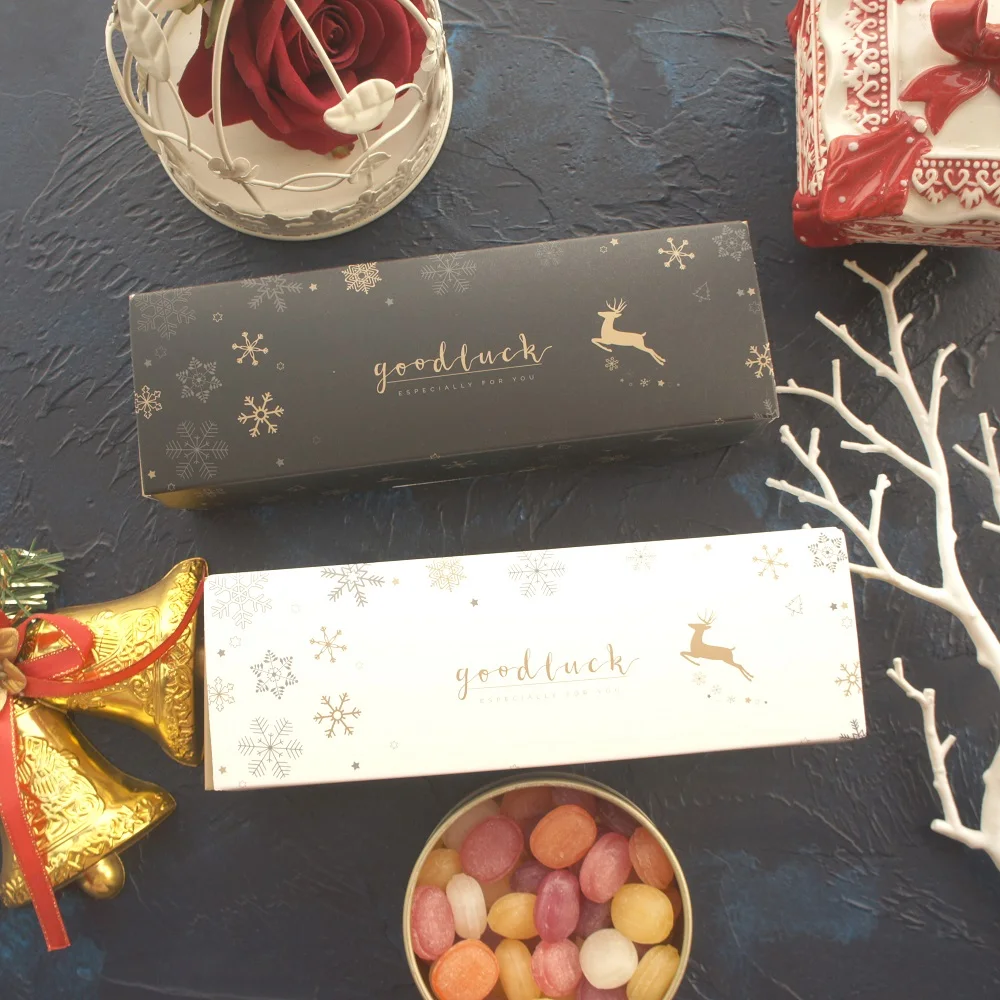 

21.5*7*5cm 10pcs Macarons black white elk snow Paper Box chocolate candy cookie Storage Boxes Christmas Gifts Pack
