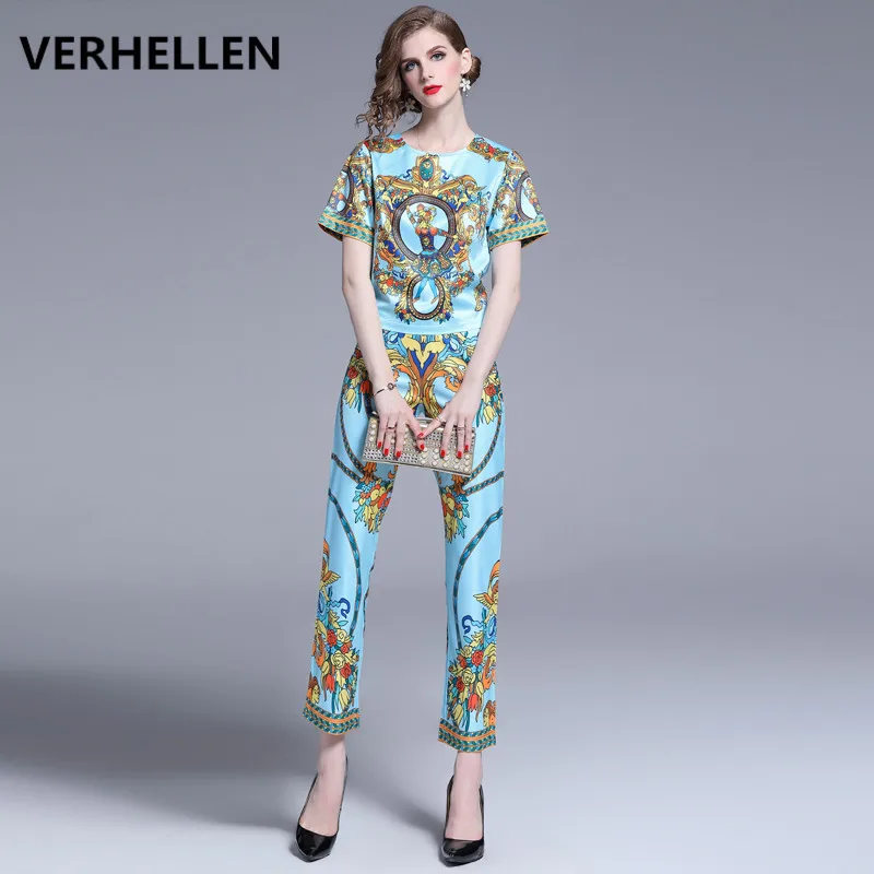 

VERHELLEN High Quality Fashion Designer Runway Suit Set 2019 Summer Women's Short Sleeve Retro Pattern Short Tops and Pants Suit