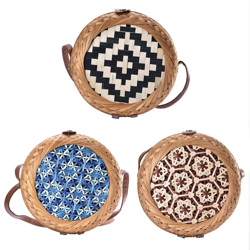 

Colorful Pattern Hand-woven Round Rattan Beach Single-shoulder Cross-body Bags Natural Rattan Beach Storage Bag For Women