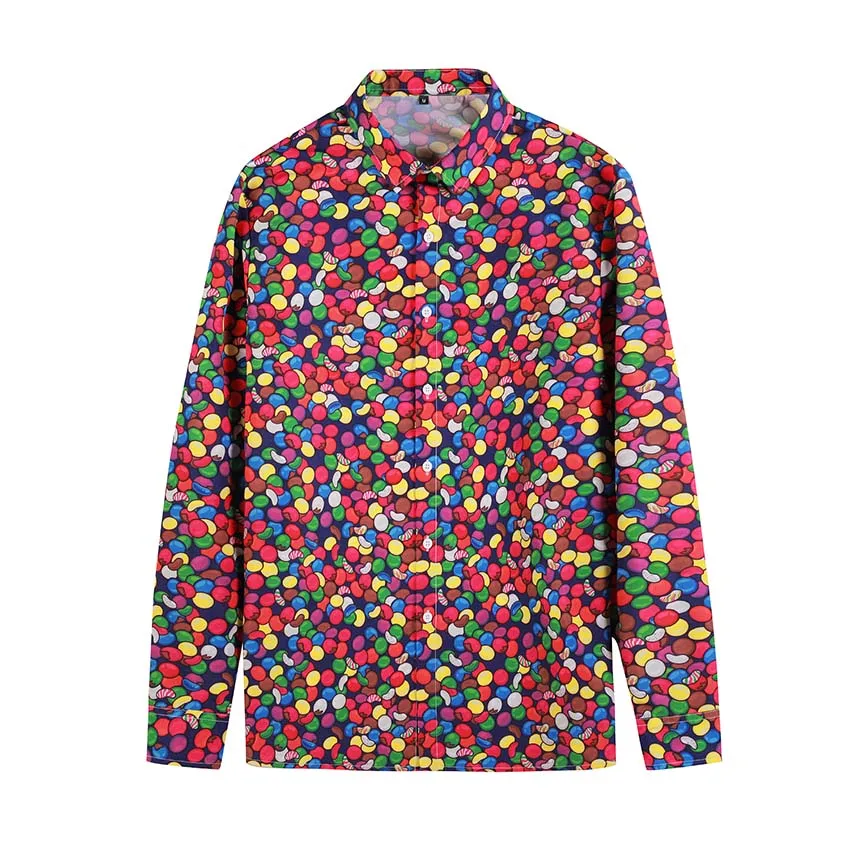 

Men Slim Hip Hop Shirt Harajuku Japan Color Pill Print Shirt Long Sleeve Top Hawaiian Shirt Casual Streetwear Thin Autumn 2019