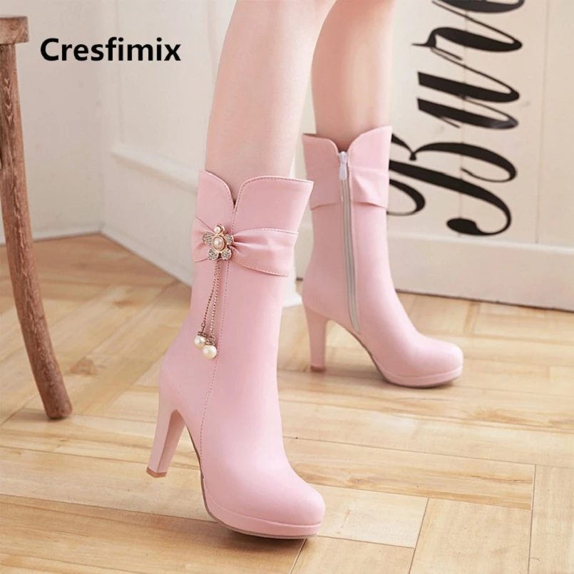 

Cresfimix women casual high quality 9cm high heel autumn boots lady cute comfortable winter mid calf boots botas femininas a2299