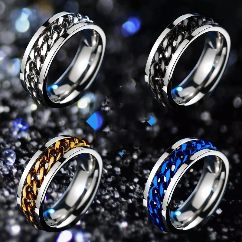 Punk Rings 8mm Spinner Chain Men Rotatable Stainless Steel Ring