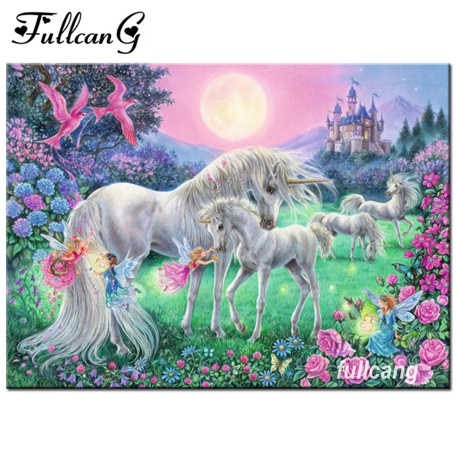 

FULLCANG 5d Diamond Painting Cross Stitch Diamond Embroidery Crystal Unicorn Castle Full Square Diamond Mosaic Pictures F896