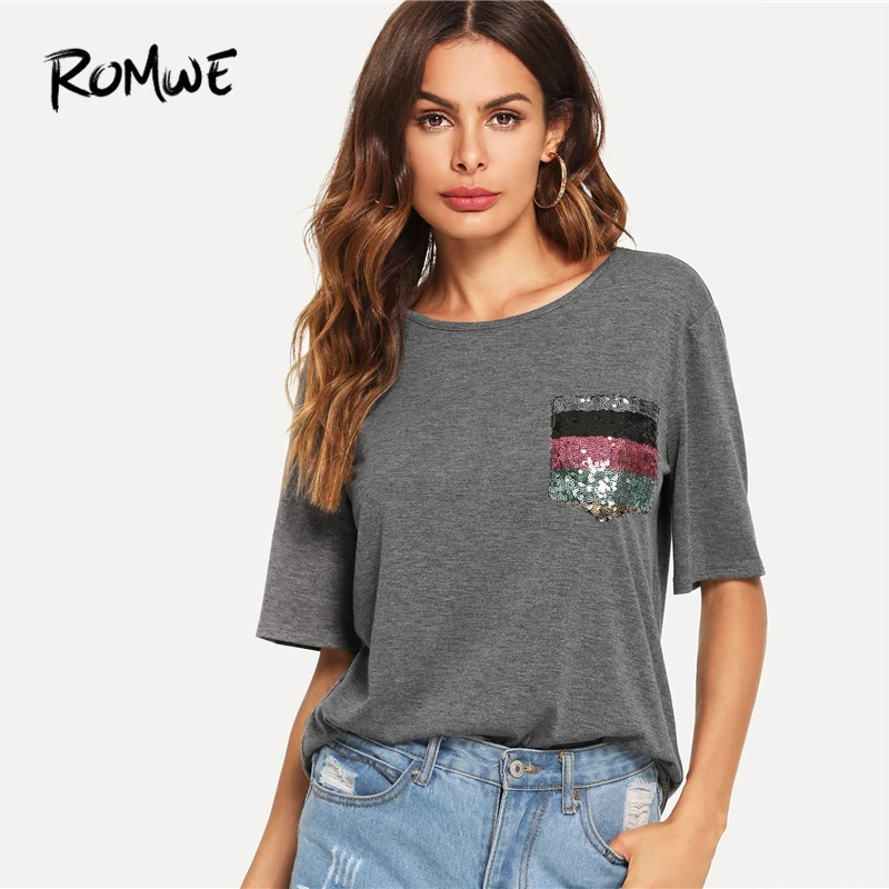 

ROMWE Sequin Pocket Patched Heathered Tee 2019 Chic Short Sleeve Round Neck Tees Posh Women Summer Korean Clothes T Shirt