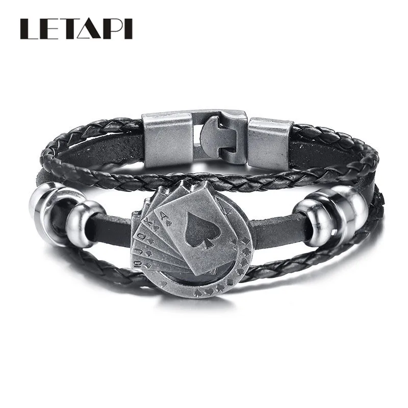 

LETAPI Vintage Male Leather Bracelet Playing Cards Raja Vegas Charm Multilayer Braided Bracelets Bangles for Men