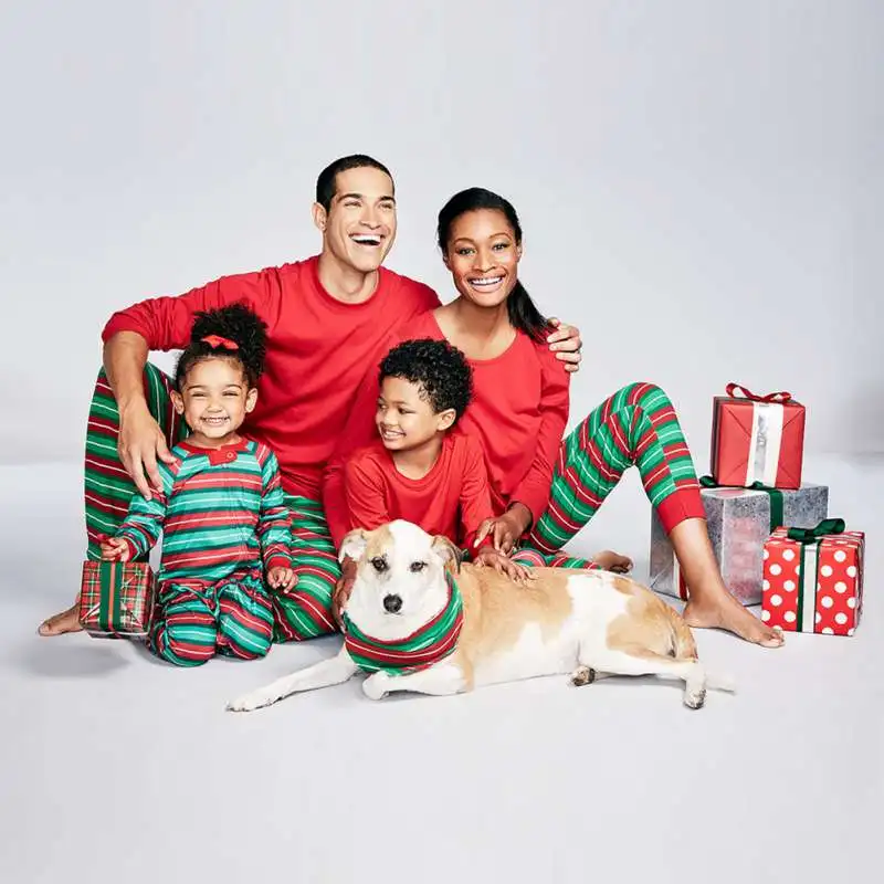 

Autumn Spring 2PCs Christmas Stripe Long Sleeve Parent-child Set Clothes Christmas Round Neck Pajamas For Home Outfits Costume