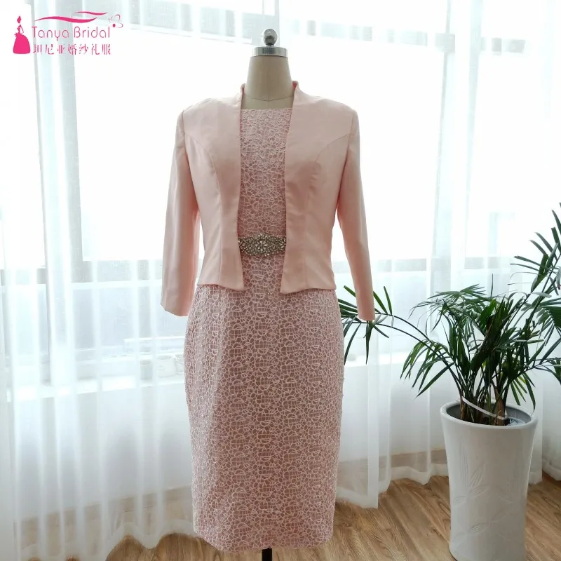 

Formal Evening Dresses With Jacket Lace Two Pieces Skin Pink Simple Straight vestido de madrinha Lady Plus Size Dress DQG557