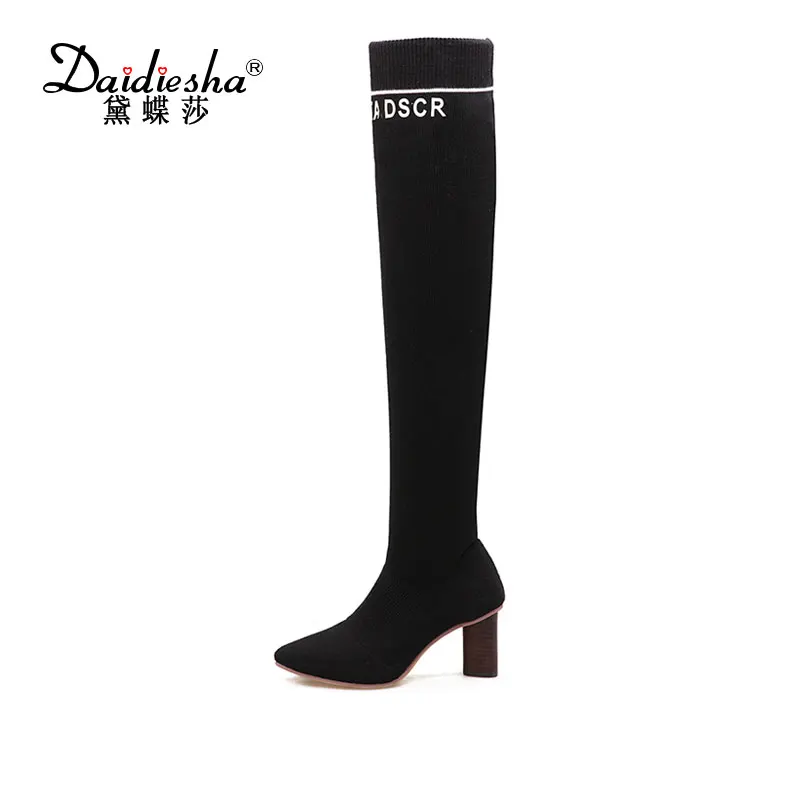Daidiesh Brand Fashion Women Boots Over the knee Boots Pointed toe Autumn Winter Stretch Fabric Socks Boot Fretwork Heels Shoes fashion slim rivets thick heel pointed toe zip winter snow boots genuine leather stretch fabric over the knee boots women boots