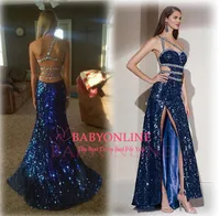 Sparkly Blue Sleeveless Mermaid Prom Dresses 2015 Long Backless Beaded Sequined High Slit Long Evening Dresses vestido de festa