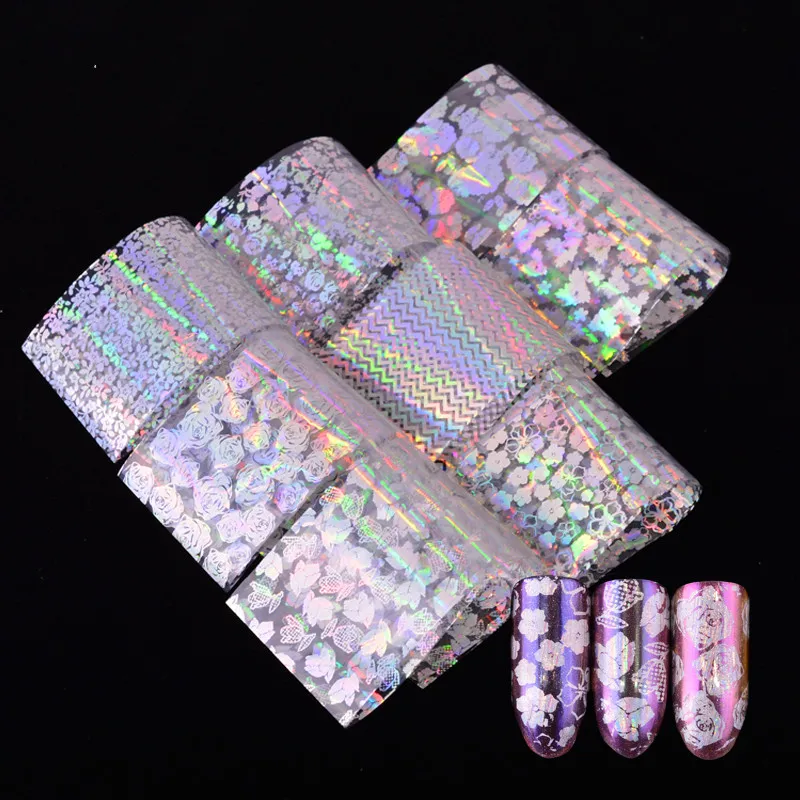 

Beauty 8pcs/set Transparent Colorful Paper Nail Foils Rose Stripe Flower DIY Laser Glitter Nail Adhesive Sticker
