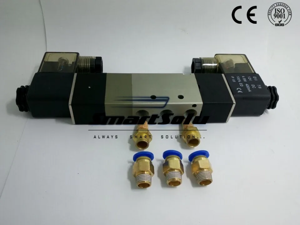 

Free Shipping High Quality 1/4'' 4V220-08 5 Ways 2 Positions Air Control Solenoid Valve Dual Head Plus Fittings and mufflers