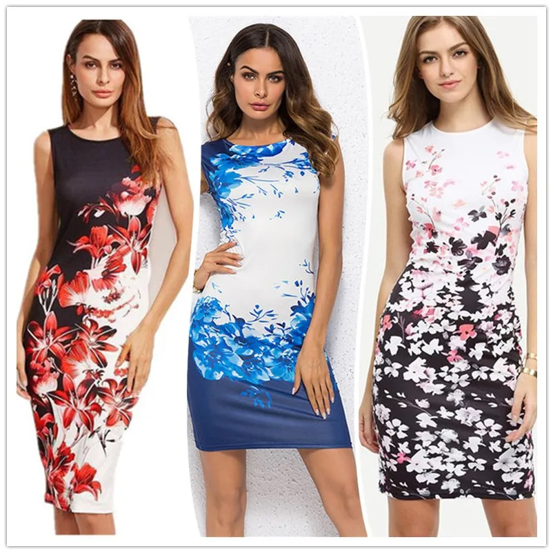 

2019 New Fashion Summer Dress Sexy Sleeveless O-Neck Print Slim Dress Plus Size Elegant Package Hip Office Ladies Dress Vestidos
