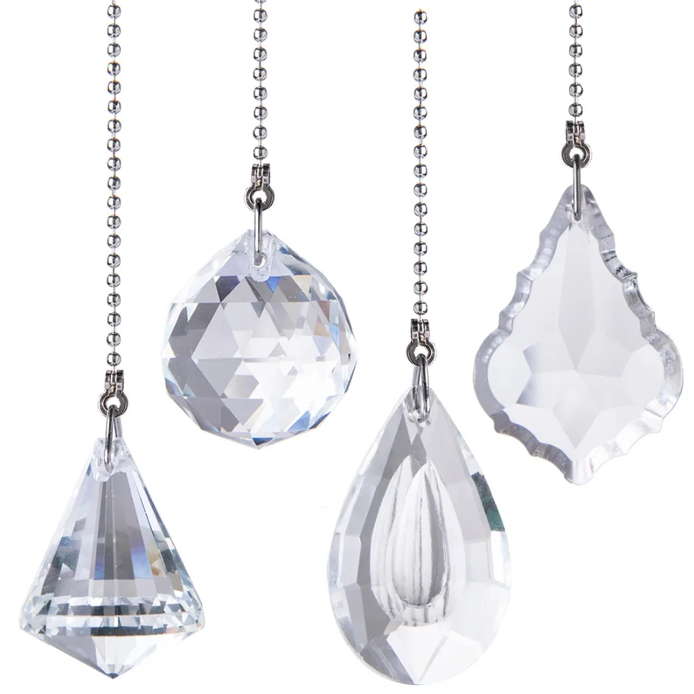 H&D 4Pcs Crystal Prisms Charm Pendant Ceiling Fan Pull Chain Extender with Ball Chain Connector Home Wedding Decor