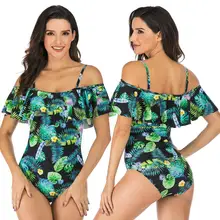 YUWANNIAN Sling One Piece Swimsuit With Strap Flounce & Falbala Sexy Modest Women's Off-the-shoulder Swimdress Orange Black Blue printing off the shoulder flounce dress