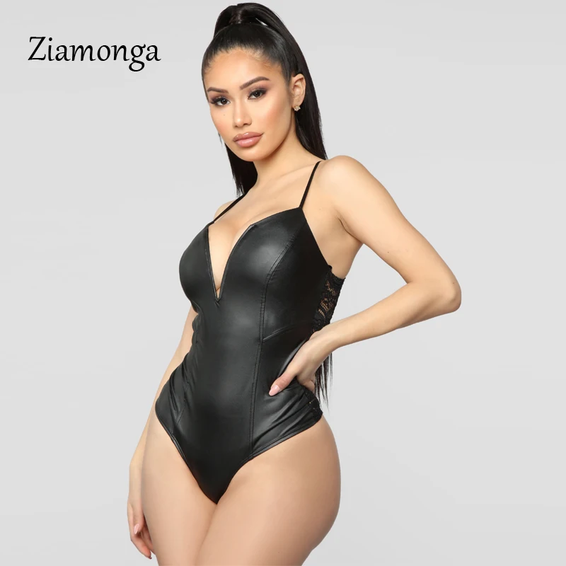 

Ziamonga V-Neck PU Leather Skinny Sexy Women Bodysuit Sleeveless Lace Patchwork Summer Romper Women Beach Casual Ladies Bodsyuit