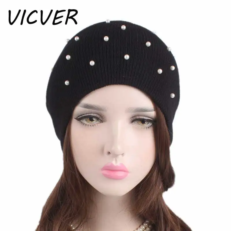 

Hot Sale Pearl Beanie Hat Winter Women Warm Caps Casual Knitted Skullies Beanies Solid Outdoor Hats for Female Crochet Ski Cap