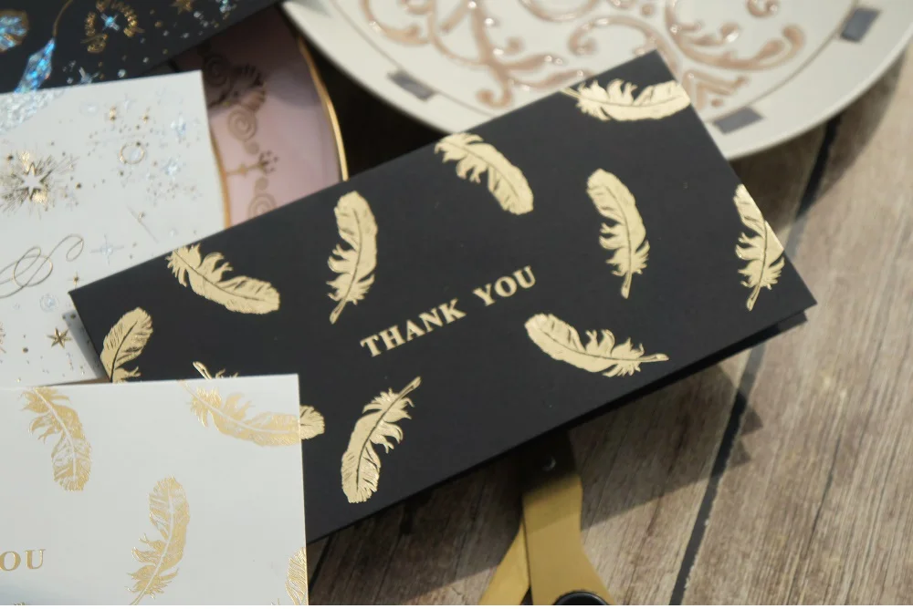 12set black white Gold Theme feather star thank you Card Wedding Birthday Valentine Party Invitation with Envelope Gift Message