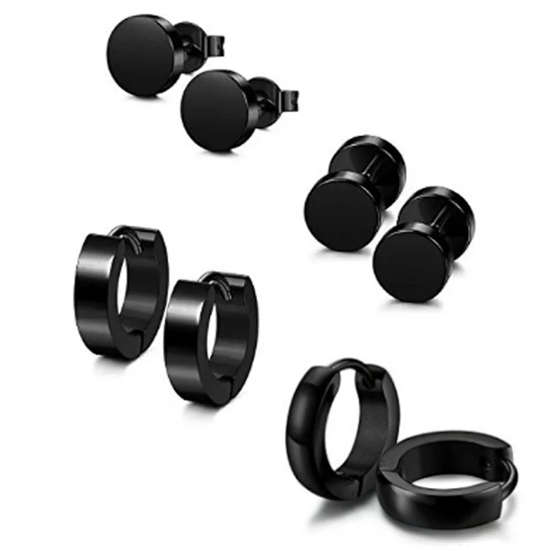 

Black Color Stainless Steel Piercing Earring 4 Pairs Different Types Shape For Women Men Punk Gothic Barbell Ear Jewelry