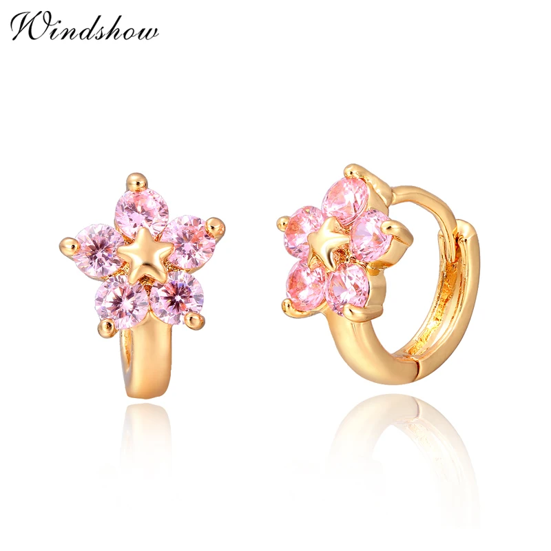 

Gold Color Star With Five Pink CZ Flower Huggies Small Hoop Earrings Anti-Allergic Jewelry For Womens Children Girls Baby Kids