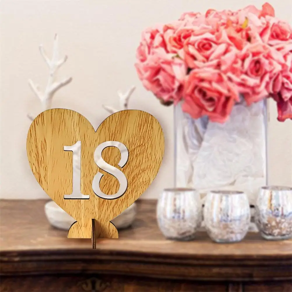 1-20 деревянных карточек для свадебной вечеринки в форме сердца, пустотелых цифр, держатель для места, номер стола - Цвет: 1